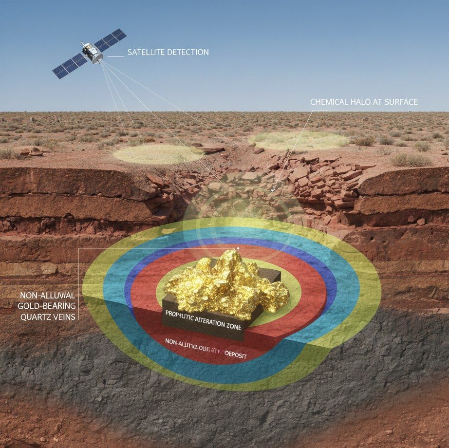 Non-alluvial gold detection by satellite tech