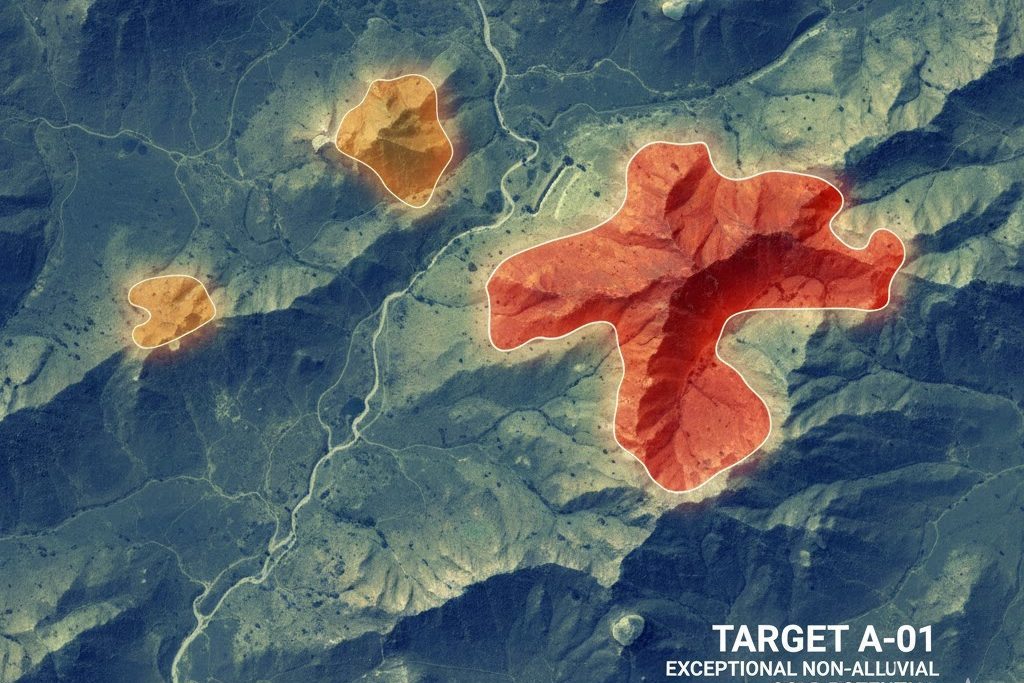 map of the exploration area showing non-alluvial gold potential scores